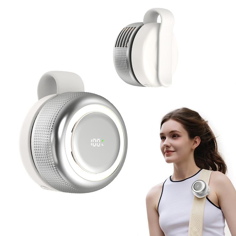 TFQXA1Z Ultra-Quiet Bladeless Clip-On Fan, 360° Rotatable Personal Fan with Digital Display, 5-Speed Rechargeable Mini Fan for Home, Office, School, Summer Gift (White)