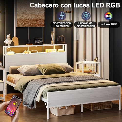 Simple Wisdom Cama Matrimonial 1.4 M con Base y Cabecero de Almacenamiento, 2 Salidas de Carga y 2 Puertos USB y Luces LED (Blanco)