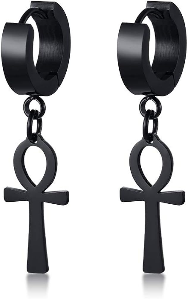 VNOX Stainless Steel Egyptian Key of Life Ankh Cross Dangles Non-Piercing Clip on Drops Hoops Earrings for Men Women