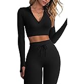 QINSEN Workout Sets for Women 2 Piece Seamless Long Sleeve Crop Tops Ribbed High Waist Leggings