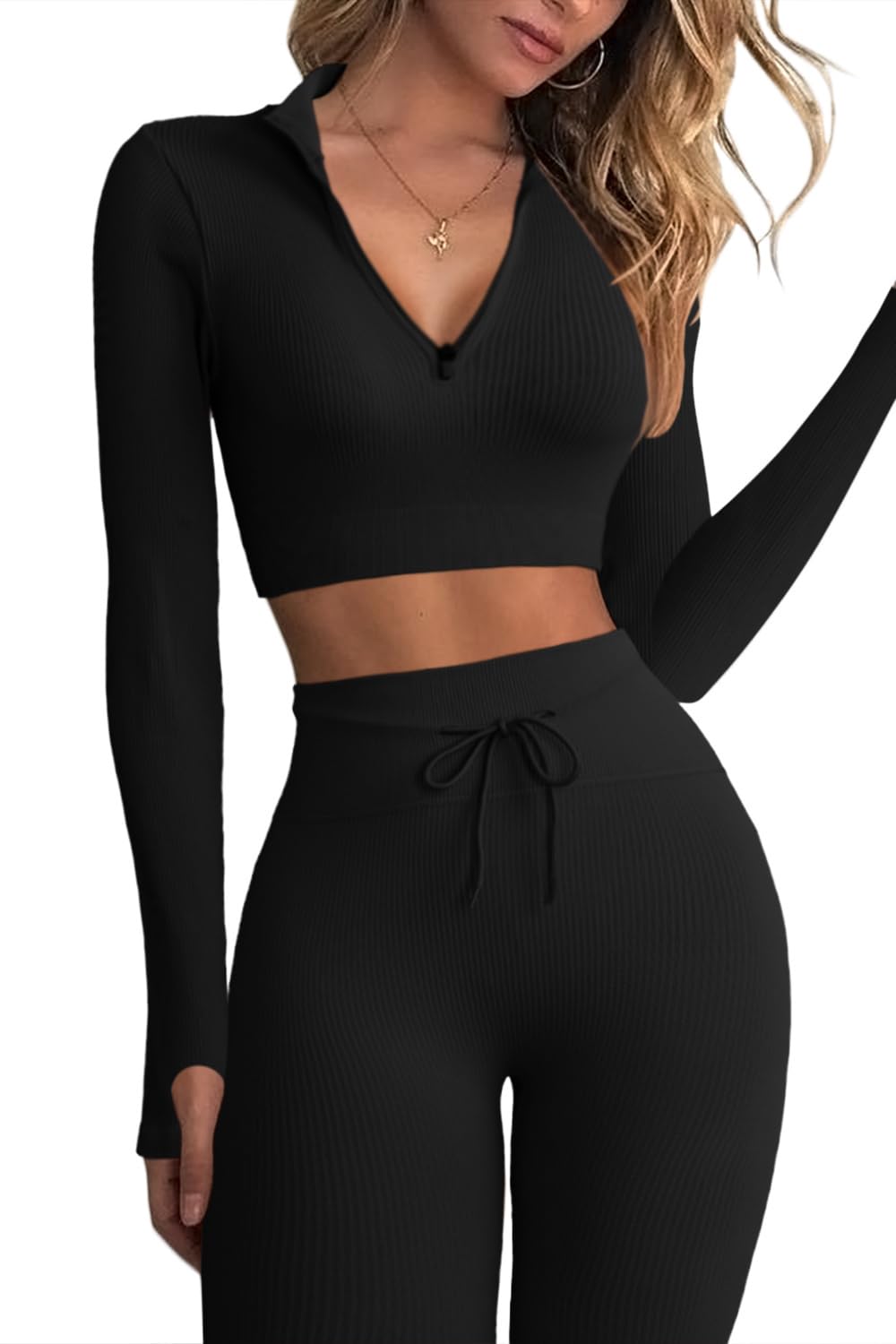 Photo 1 of QINSEN Workout Tops for Women Two Piece Outfits Zipper Front Shirt Butt Lifting Yoga Pants Seamless Leggings Sets xs-s