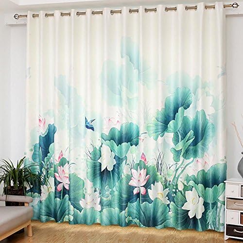 Yuan Futian Lotus 3D digital print Blackout Drapes 2 Piece (supports custom) , green , 180cm210cm/70"82"