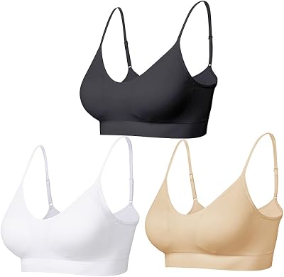 Comfyin Padded Bralette Women Sleep Yoga Sports Bra 3 Pack Black Beige White M
