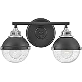 Hinkley Fletcher Two-Light Bath Vanity Fixture, Vintage Industrial Fixture, Clear Seedy Glass, Bath and Beyond, Black and Chr