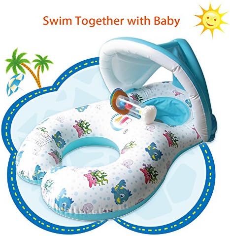 Pool floats for Mother and Baby with Removable Sunshade Canopy Double Person Swimming Ring Protect Baby from Sunshine – white &amp; blue