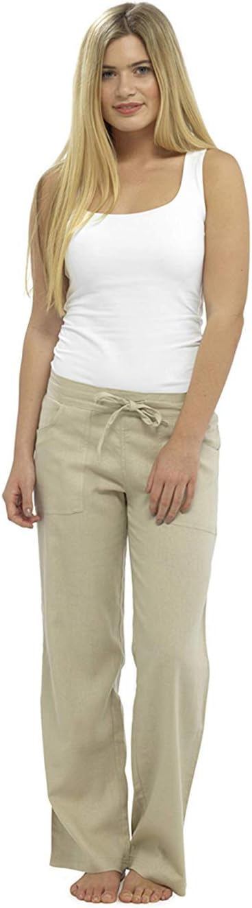 Hari Deals Ladies Women Full Length Linen Trousers with Elasticated Waist with Tie
