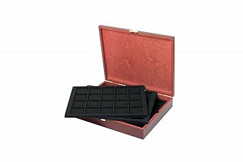 Echtholz-Münzkassette mit 5 schwarzen Münztableaus [Lindner S2495], Format: 305 x 245 x 55 mm - Veloureinlagen: S2120CE (Für 