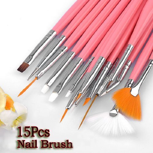 Leegoal 15pc Nail Art Design Dotting Brush Painting Pen Tool Set Pink Stick DIY Fit Tips