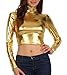 Sakkas 141786 Metallic Liquid Mock Neck Turtleneck Long Sleeve Crop Top - Made in USA - Gold - L