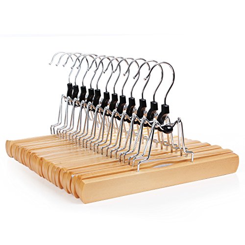 SONGMICS Pants Hangers 12 Pack Solid Wood Anti-Slip Felt 360Â° Rotatable Hook Trouser Clamp Hanger Natural UCRW007-12