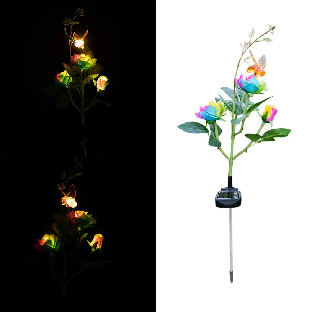 Mobestech 1pc Garden Colorful Rose and Bees Solar Stake Light Waterproof Flower Ground Plug Pathway Decking Light LED Outdoor Decoration for Yard Lawn Patio