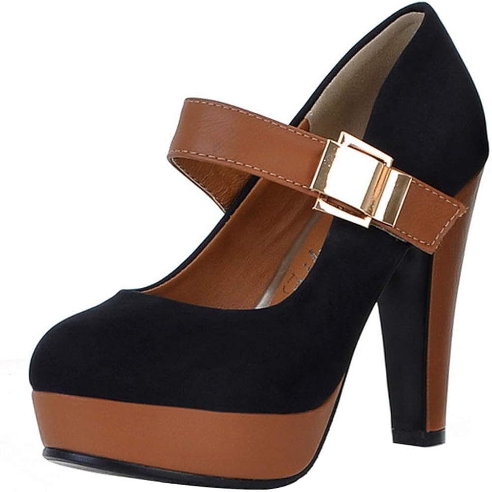 SUCREVEN Women Block Heel Dress Shoes with Buckle Platform Tops Evening