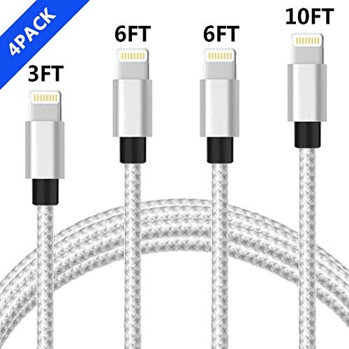 Lightning Cable, Capkit 4PACK 3/6/6/10FT Premium Nylon Braided 8Pin iPhone Cable Sync Cords Lightning to USB Charging Cable Compatible with iPhone X, 8/8 Plus,7/7 Plus/6/6s/6 plus/6s plus and More