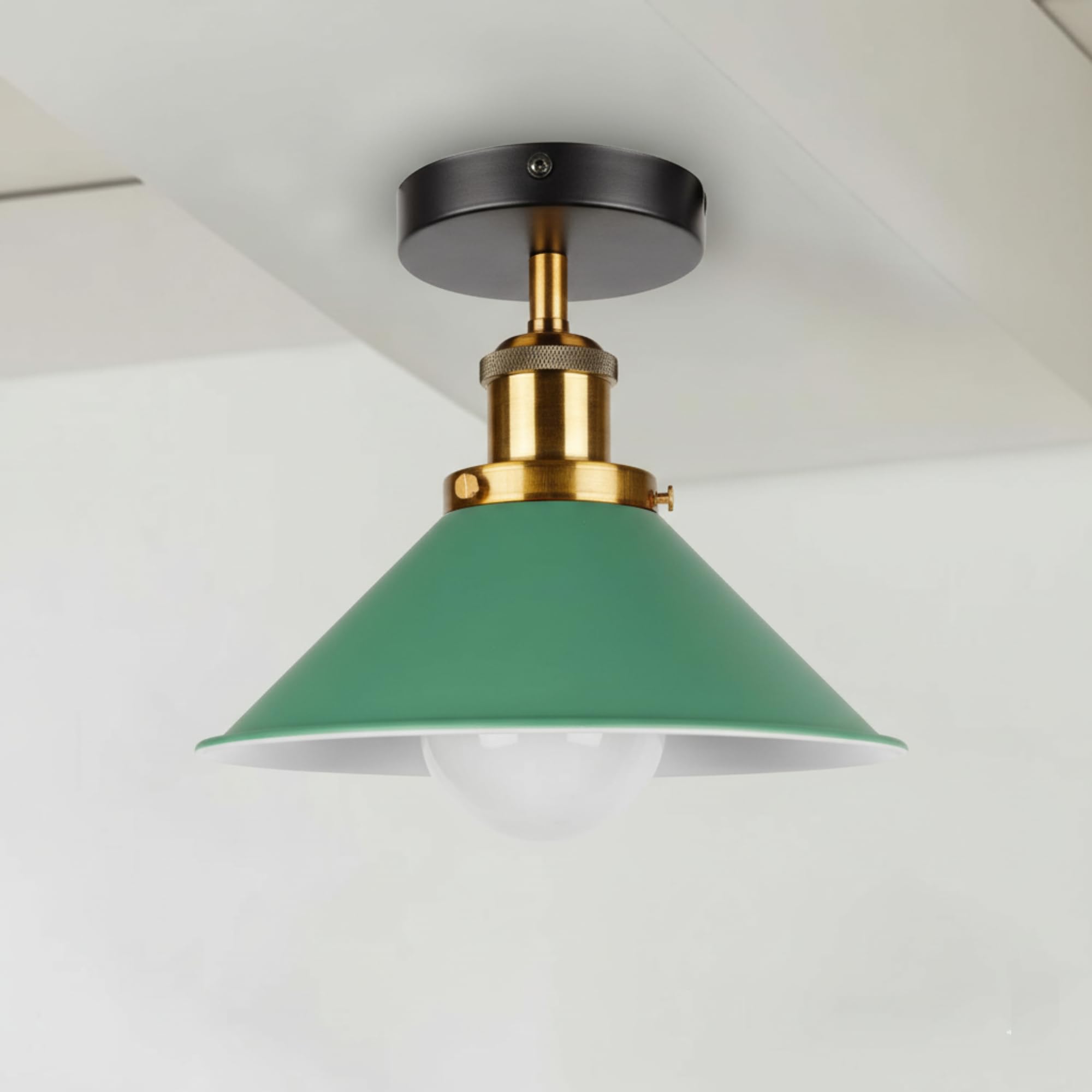 DC VOLTAGE Industrial Semi Flush Ceiling Light E27 Metal Cone Shade 22cm Green Ceiling Lamp for Kitchen Hallway Bedroom Living Room with Bulb
