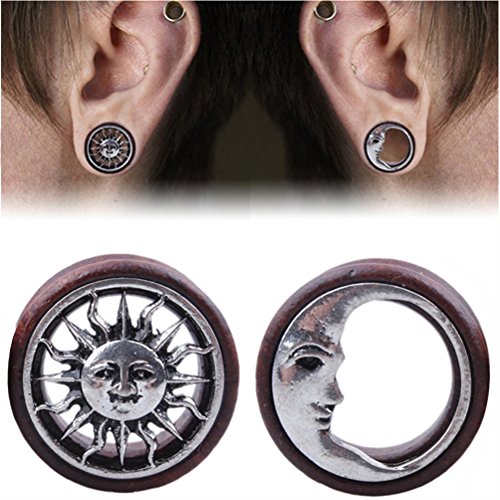 00g 10mm Tribal Sun & Moon Organic Wood Flesh Tunnel Double Flared Ear Gauge Stretcher Saddle Plug