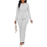 Aro Lora Women 2 Piece Outfits Casual Long Sleeve Irregular Hem Slit Top Pant Set Dressy Pantsuits