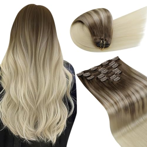 LaaVoo Clip in Extensions Echthaar 60cm 120g Braun Clip in Extensions Hellbraun Balayage Hellblond Clips Echthaar Extensions Glatt 7Stück #8/59