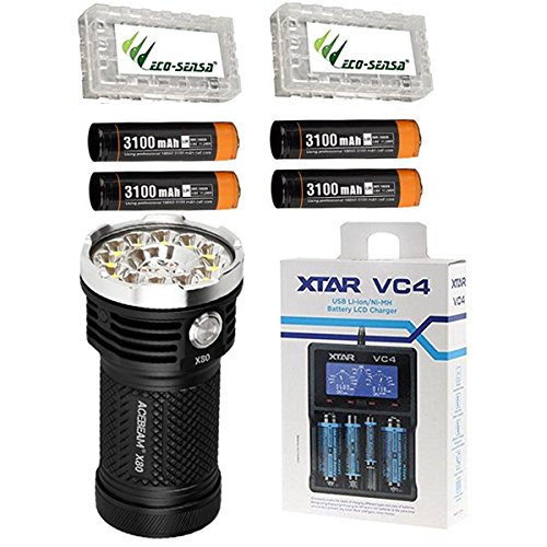 Acebeam X80 CREE XPE2-R2 630nm Flashlight/Searchlight -25,000Lm w/4x 3100mAh 18650 Batteries, VC4 Charger, 2x Free Eco-Sensa Battery Cases Acebeam X80 CREE XPE2-R2 630nm Flashlight/Searchlight -25,000Lm w/4x 3100mAh 18650 Batteries, VC4 Charger, 2x Free Eco-Sensa Battery Cases