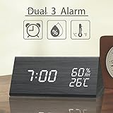 Digital Alarm Clock, 3 Alarm Settings, with Wooden Electronic LED Time Display, Dual Temperature & Humidity Detect, Ideal for Bedroom, Bedside Kids, Batteries not Needed