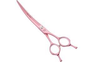 Fenice Peak Curved Dog Grooming Scissors with Pink Color Coating 440C Stainless Steel Pet Grooming Bending Shears Sharp and Durable Comfortable Engonomic Handle