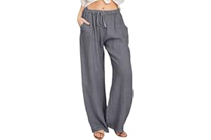 HUMMHUANJ Women's Casual Linen Pants Summer Drawstring Elastic Waist Loose Fit Cotton Wide Leg Lounge Trousers with Pockets