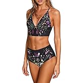CORAMOON Women Bikini Set Two Piece High Waisted Tummy Control Bathing Swimsuit V Neck Witchy Celestial Floral Print Swimwear