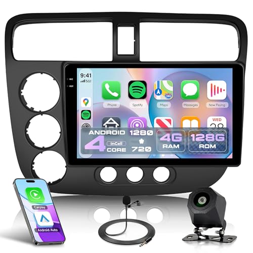 4Core 4G+128G Android 15 Radio de coche para Honda Civic 2001-2005, Rimoody Car Stereo Inalámbrico Carplay Andorid Auto Mirror Link 9'' HD visualización táctil GPS WiFi Bluetooth 5.0 FM/RDS EQ-32 SWC