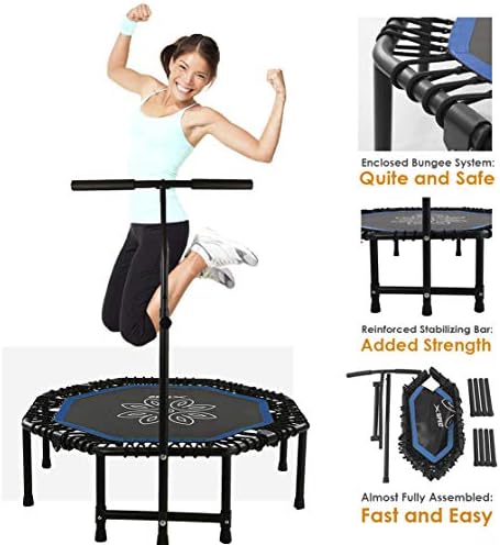 Xspec 44" Silent Fitness Mini Trampoline with Adjustable Handrail Bar – Indoor Rebounder for Adults – Best Urban Cardio Jump Fitness Low Impact Workout Trainer, Covered Bungee Rope System