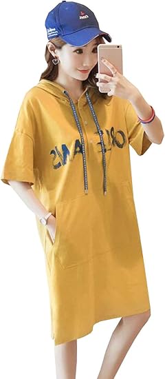 Amazon Yuyo パーカー フード付き レディース トップス トレーナー シンプル ワンピース プリーツ 半袖 無地 ロング丈 授乳服 韓国ファッション 大きいサイズ 薄手 Tシャツ ワンピース チュニック 通販