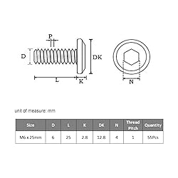 VGBUY M6-1 x 25 mm 55pcs Flat Head Hex Socket Cap