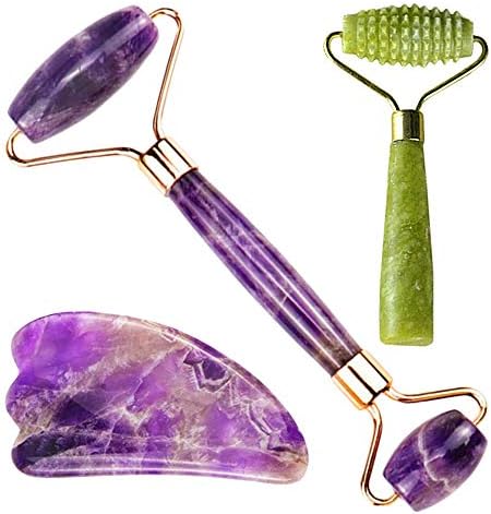 3pcs Kit Natural Jade Stone Jade Roller Gua Sha Facial Tools Set Accessories (Amethyst rose gold)