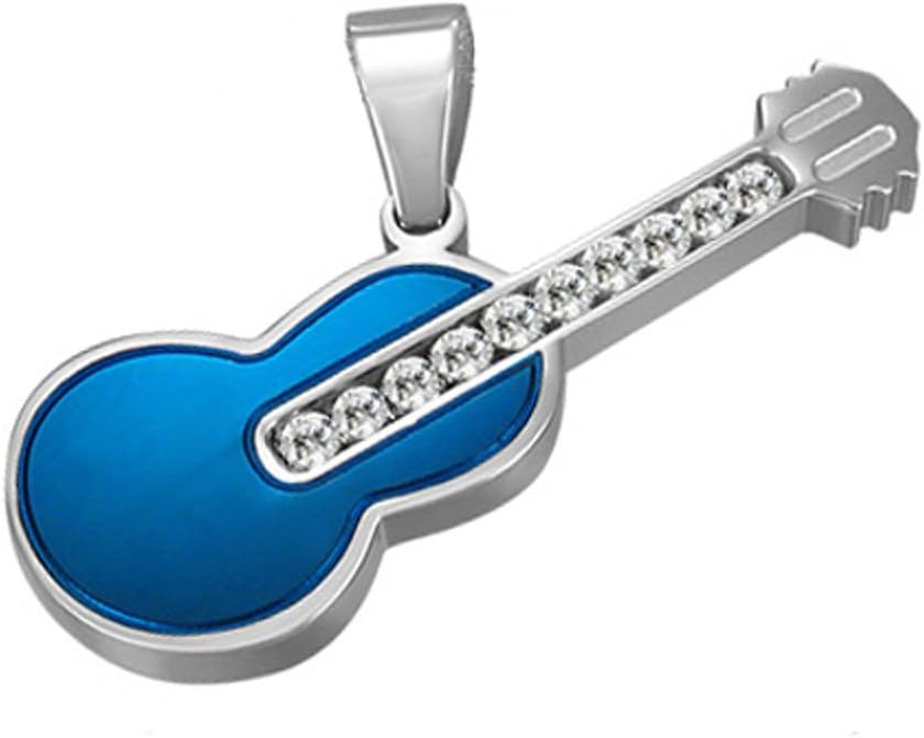 Azzire Stainless Steel Acoustic Guitar Pendant - Cubic Zirconia Silver & Blue - 20" Chain Necklace