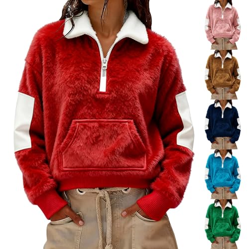 Sweatshirts for Women UK Oversized Warm Fleece Sweatshirt without Hood Ladies Half Zip Christmas Tops Winter Solid Color Casual Sweatshirts
