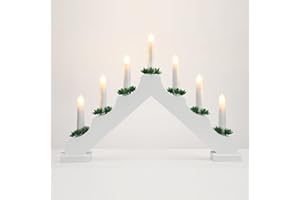 Lewondr Electric Candelabra, 7 Flameless Taper Candles, USB Powered Wooden Candle Bridge Light with Pine Needles, White