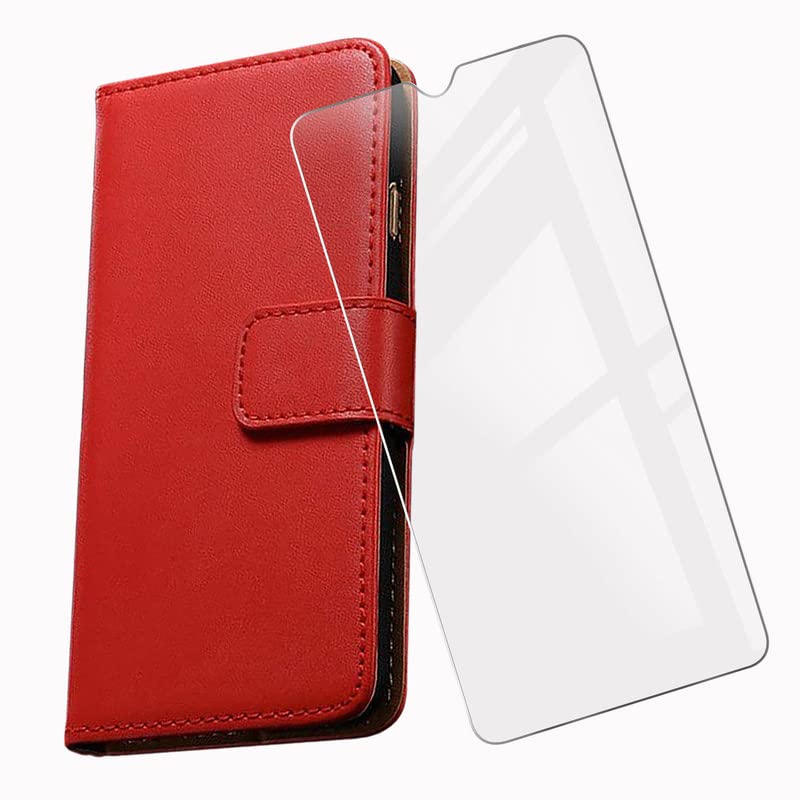 KJYF For Doro 8100 Plus Wallet Case + Tempered Glass Screen Protector, Flip Folio Leather Cell Phone Cover with Credit Card Holder Compatible With Doro 8100 Plus (6.1") - Red