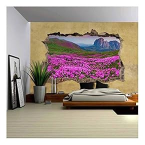 Majestic Mountain View in Spring Viewed Through a Broken Wall - Large Wall Mural, Removable Peel and Stick Wallpaper, Home Decor - 66x96 inches