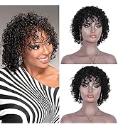 Brinbea 10" Short Curly Wigs for Black Women 100% Brazilian Remy Full Head Wave Curls Black Wig w...