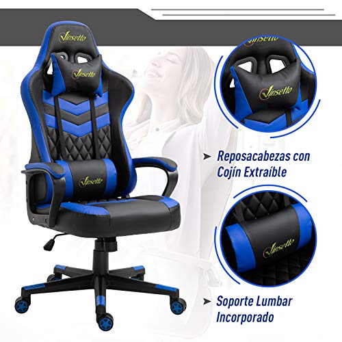 Vinsetto-Silla-Gaming-Silla-de-Escritorio-de-Oficina-Ergonomica-Altura-Regulable-Basculante-con-Reposacabezas-Cojin-Lumbar-61x70x121-129-cm-Azul