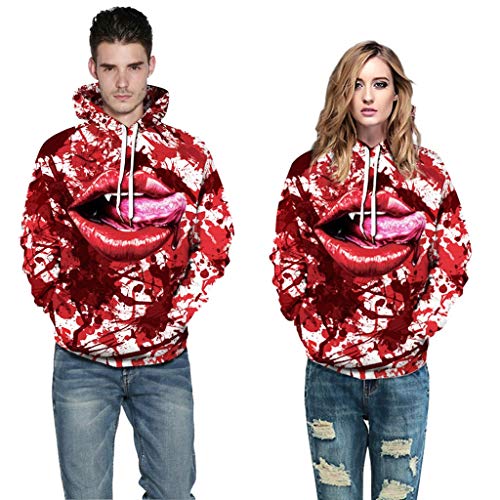 Jessie storee Helloween Hooded Sweatshirt Blood Drops Evil Eyes Red Lips Print Pullover Hoodie Women Men Couples Unisex Horror Clothing Large Size Sweater Loose Baseball Uniform Tide,G, XL