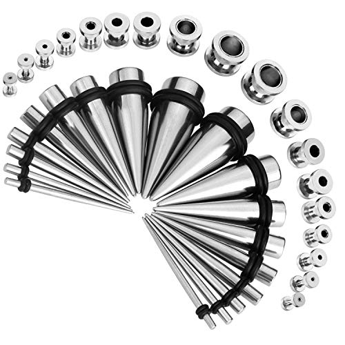CABBE KALLO 36PCS Ear Gauges Stretching Kit Stainless Steel Screw Fit Tunnel Plugs and Tapers Set 14G-00G (Silvertone)