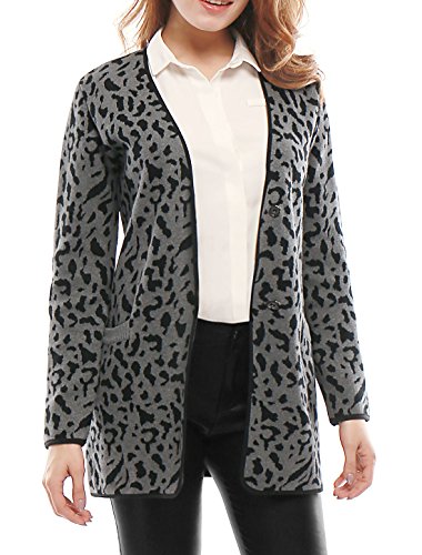 Allegra K Women's Leopards Prints V Neck Button-Front Knit Tunic Cardigan L Grey Allegra K Women's Leopards Prints V Neck Button-Front Knit Tunic Cardigan L Grey