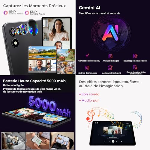 RebotAi 2026 Tablette 10 Pouces Android 16 avec Gemini AI, 16Go RAM + 64Go ROM + 1To TF, Widevine L1/WiFi 6/BT 5.2/5000mAh/Identification Faciale Tablette Tactile