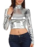 Sakkas 141786 Metallic Liquid Mock Neck Turtleneck Long Sleeve Crop Top - Made in USA - Silver - L