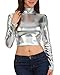 Sakkas 141786 Metallic Liquid Mock Neck Turtleneck Long Sleeve Crop Top - Made in USA - Silver - L