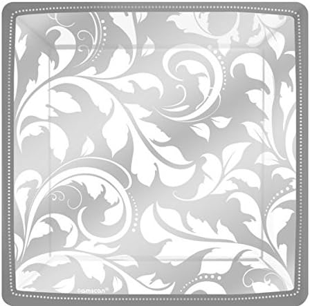 Silver Elegant Scroll Metallic Paper Dessert Plates 8ct