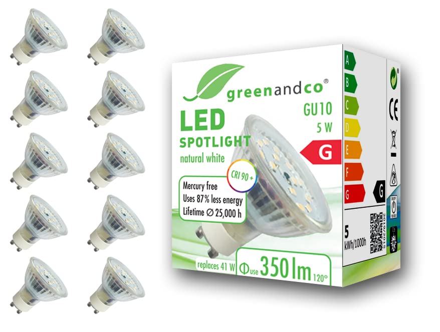 greenandco® CRI 90+ 4000K 110° LED spot Replaces 41 Watt GU10 Halogen Spotlight, 5W 350 Lumen Neutral White 230V, no Flicker, not dimmable, 10-Pack