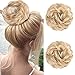 Messy Hair Bun Extensions 2PCS Curly Wavy Messy Synthetic Chignon Hairpiece Scrunchie Scrunchy Updo Hairpiece for Women (Pale Golden Blonde & Bleach Blonde Mixed)