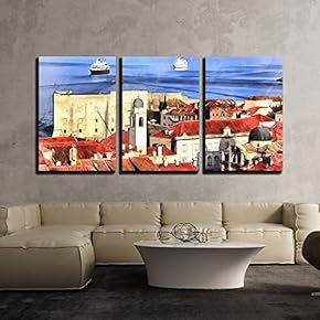 3 Piece Canvas Wall Art - Colorful Painting of Cityscape of Dubrovnik - Modern Home Art Stretched and Framed Ready to Hang - 16"x24"x3 Panels