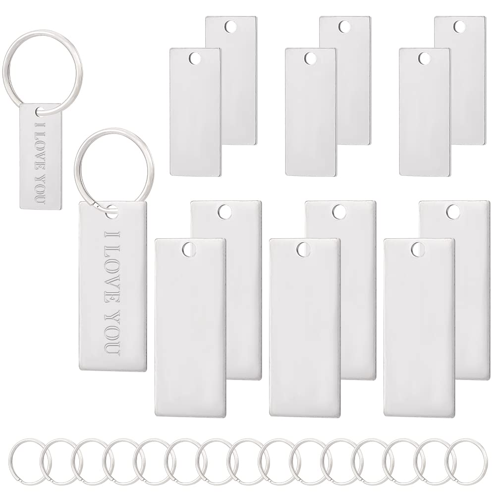 BENECREAT 24 Set Stainless Steel Stamping Blanks with Key Ring, 2 Sizes Blank Engraved Steel Pendants, Rectangular Stainless Steel Tags for Dog Keycahins, Tree Tags and Other Diy Crafts