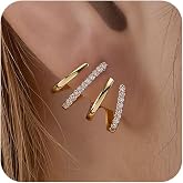 BRAYEG Gold Triple Hoop Illusion Stud Earrings, 14K Chunky Gold Plated Hoop Earrings Cuff Earrings for Women Trendy, Hypoallergenic Earrings Set Jewelry Gift